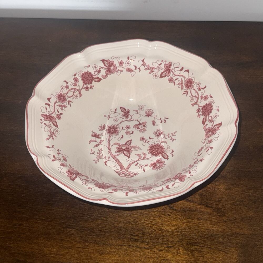 Vintage FW Woolworth Pink Folk Floral 9” Scalloped Serving Bowl Cottagecore